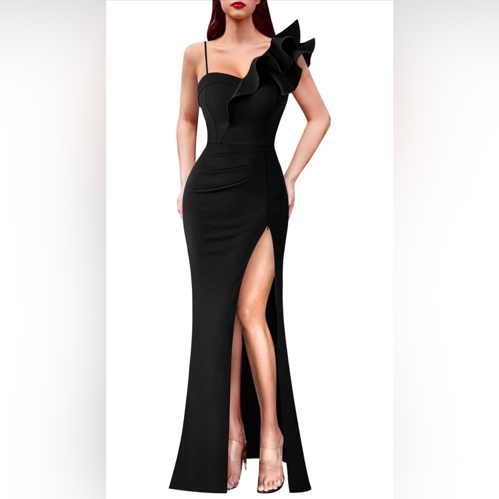 VFSHOW Ruffle One Shoulder Strap Ruched Formal V Neck Elegant Split Long Gown